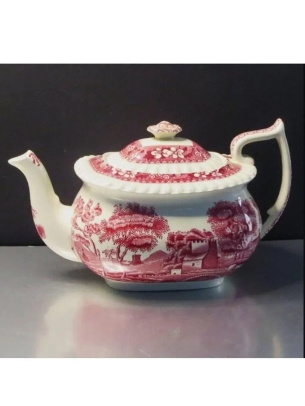Antique Copeland Ceramic Teapot Spode Towers Pink White Transferware With Lid